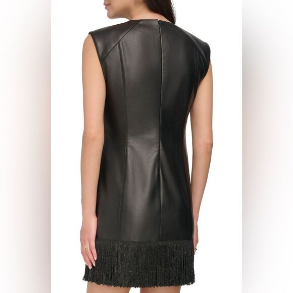 NWT DKNY | Black Faux Leather Fringe Trim Sleeveless Mini Dress 4 - Picture 2 of 11